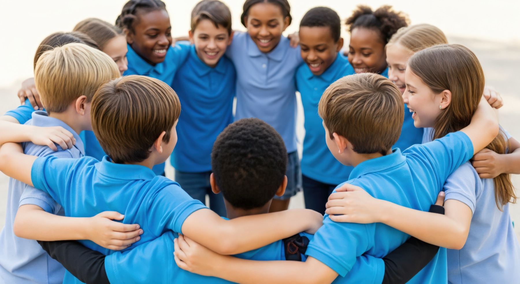 A group of primary-school children in a huddle, arms around each other